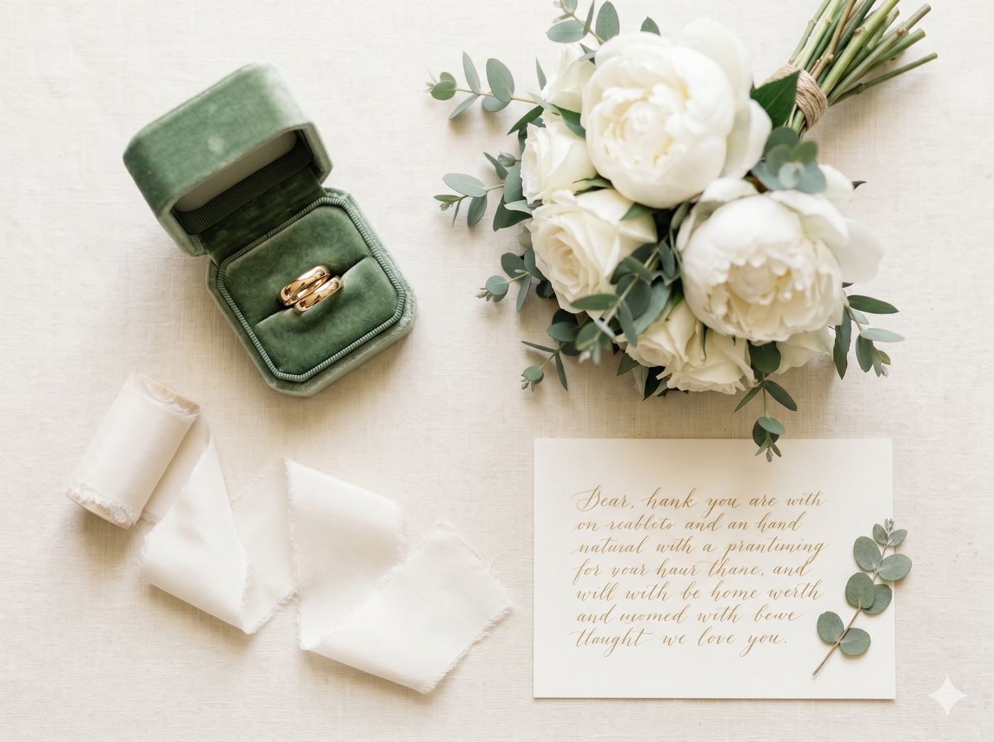 Wedding flatlay with sage velvet ring box, gold bands and white peony bouquet