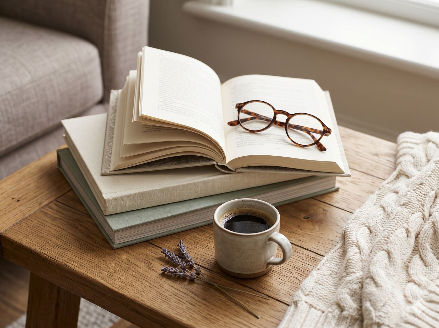 Open book on oak side table with cream knit blanket, ceramic mug and dried lavender