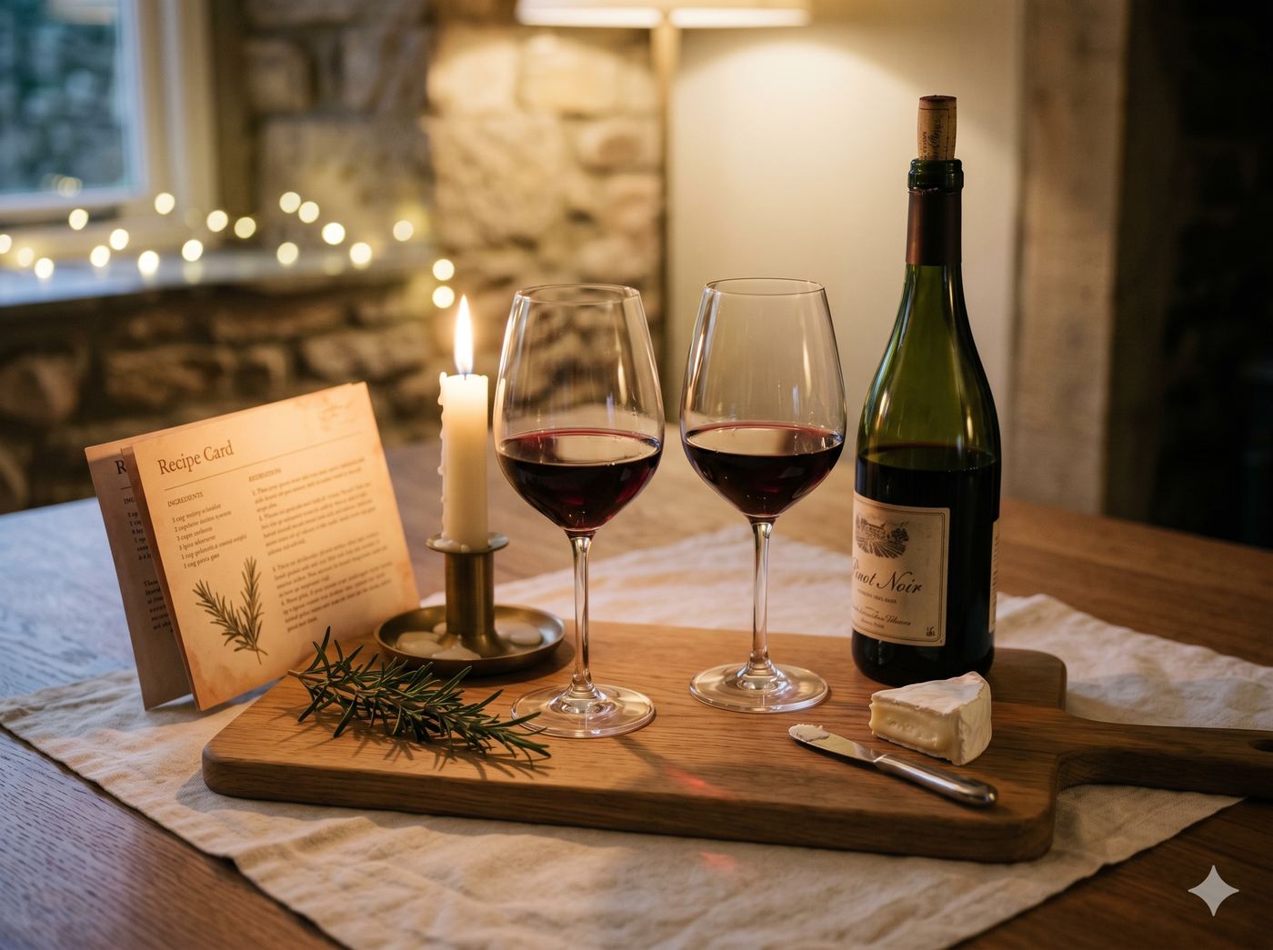 Date night setup with two glasses of red wine, candle and oak serving board