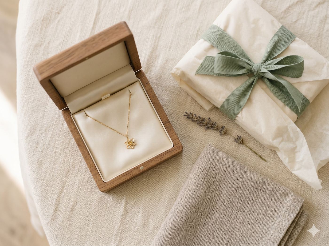Romantic gifts and jewelry flatlay — sage ribbon, walnut box and gold birth-flower necklace