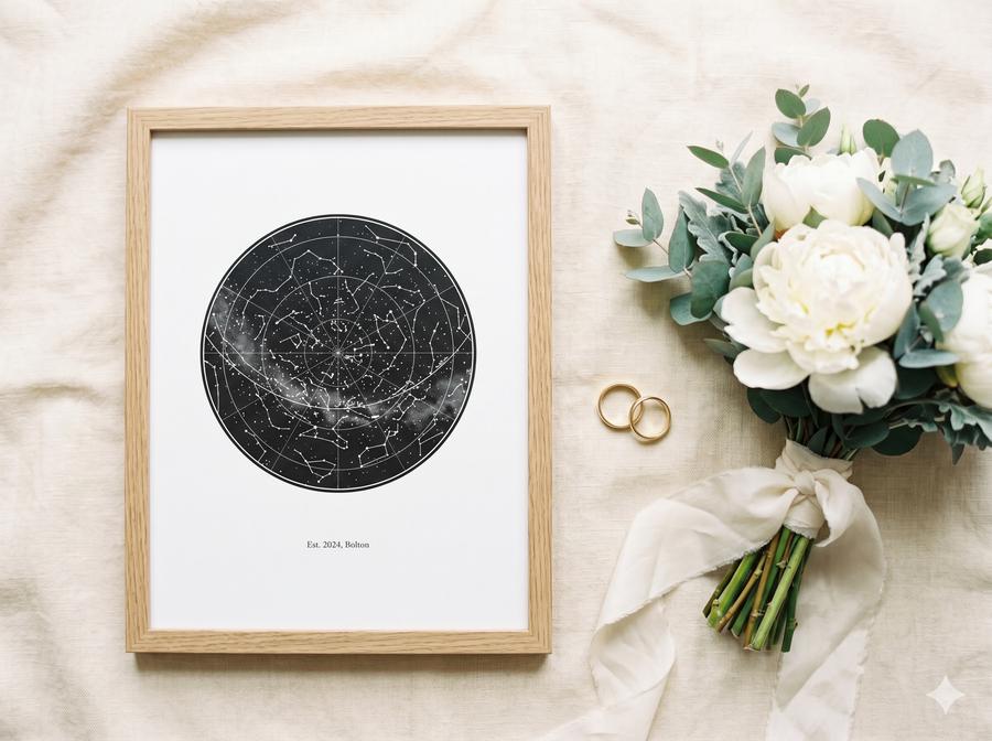 Wedding day star map print framed with gold rings