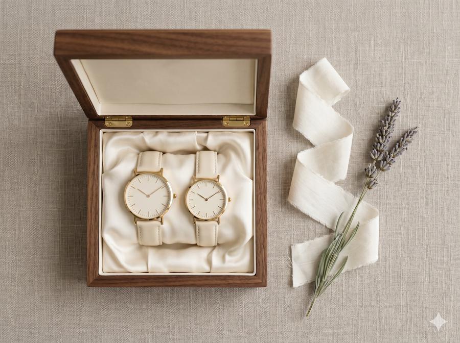 Engraved his and hers couples watch set in walnut box