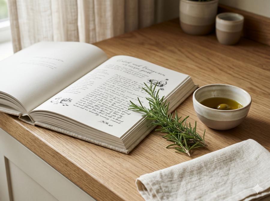 Cook together cookbook on oak counter