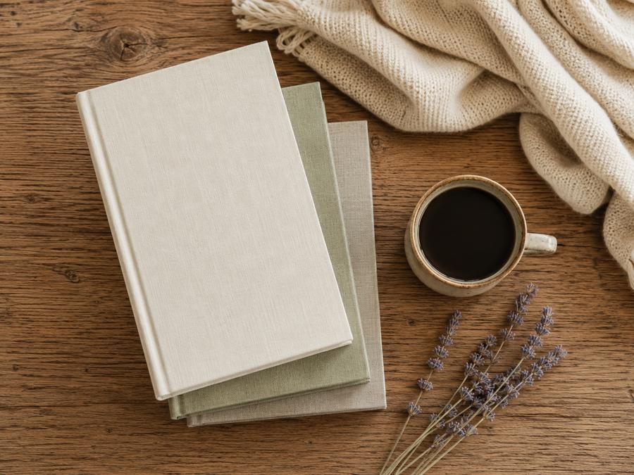 Stack of three hardback novels in cream and sage
