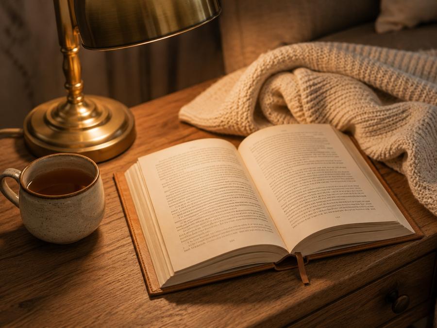 Vintage tan leather novel by warm lamp
