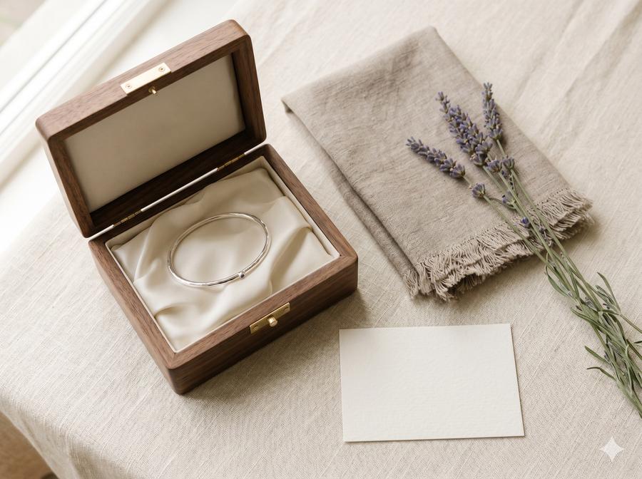 Engraved sterling silver bracelet in walnut presentation box